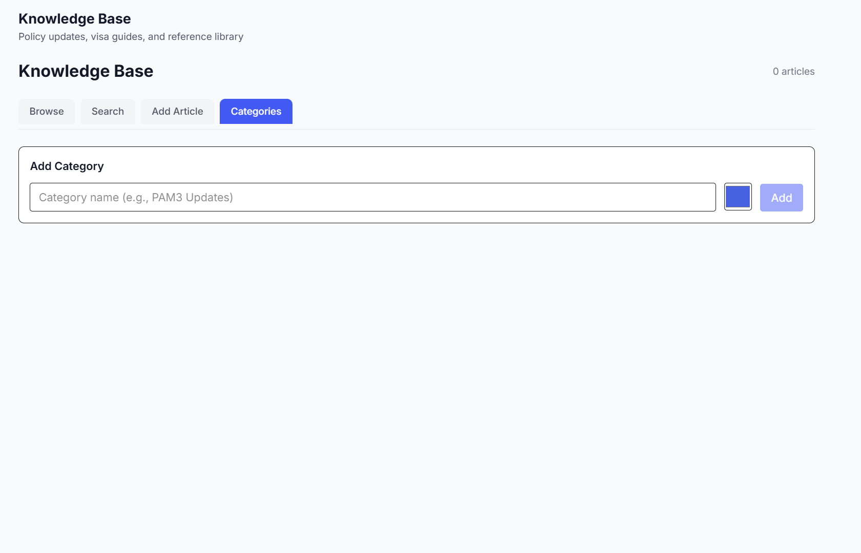 LodgeHQ Knowledge Base — searchable internal library for policy updates, visa guides, and reference material