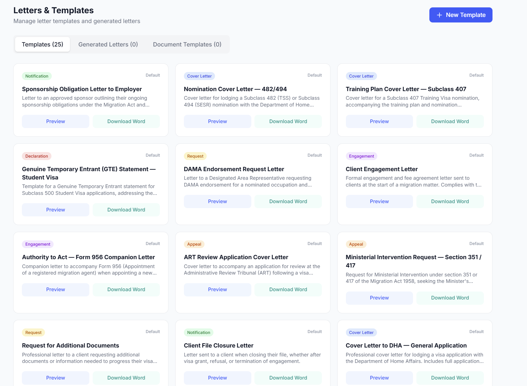 LodgeHQ letter templates — 25 pre-built migration templates including cover letters, GTE statements, DAMA endorsement letters, ART review letters, ministerial intervention requests
